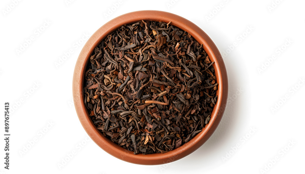 Bowl of traditional Chinese pu-erh tea leaves isolated on white, top view Bowl of traditional Chinese pu-erh tea leaves isolated on white, top view