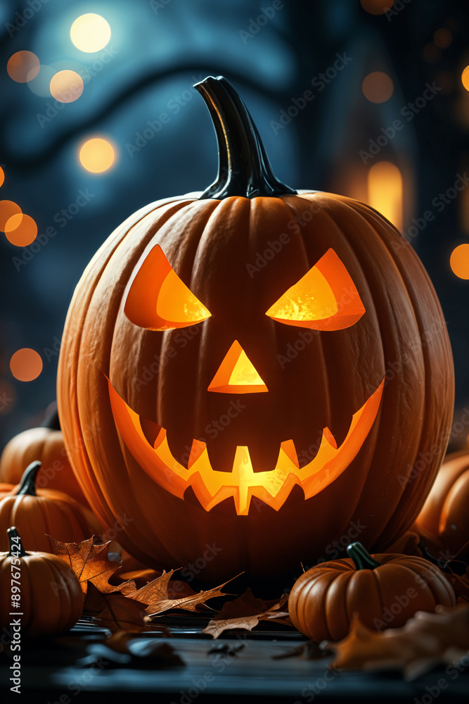 Fototapeta premium Large, orange pumpkin with a carved jack-o'-lantern face sitting near of several other pumpkins, all set against a backdrop of autumn leaves and twilight sky.