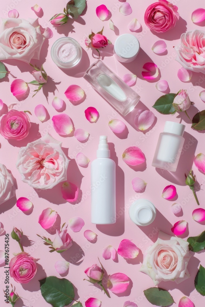 Beauty products on a pink background with rose petals scattered around. Beauty products on a pink background with rose petals scattered around.
