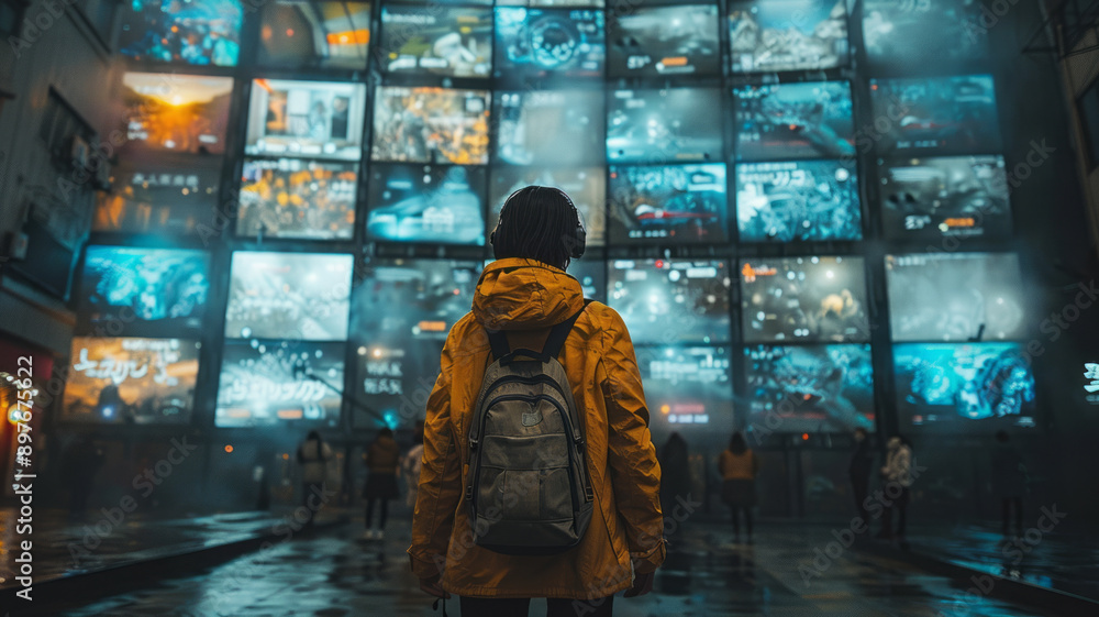 person standing in front of a wall build out of multiple screens, an advertising video on each screen, overwhelming vibes.generative ai person standing in front of a wall build out of multiple screens, an advertising video on each screen, overwhelming vibes.generative ai