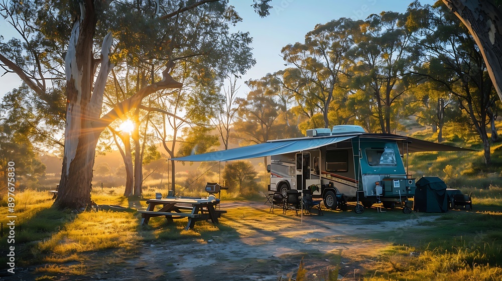 Obraz premium Campsite in the middle of the day with a camper trailer awnings out