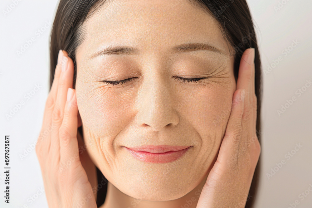 Middle-Aged Asian Woman Smiling While Massaging Her Face Middle-Aged Asian Woman Smiling While Massaging Her Face