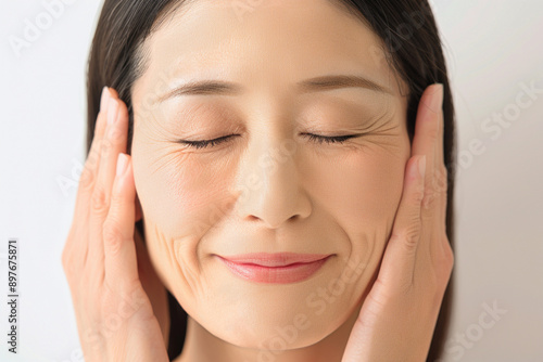 Middle-Aged Asian Woman Smiling While Massaging Her Face