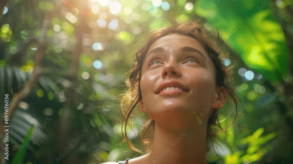 A woman with a warm smile looks up at the sun shining through the leaves in a lush tropical forest. A woman with a warm smile looks up at the sun shining through the leaves in a lush tropical forest.