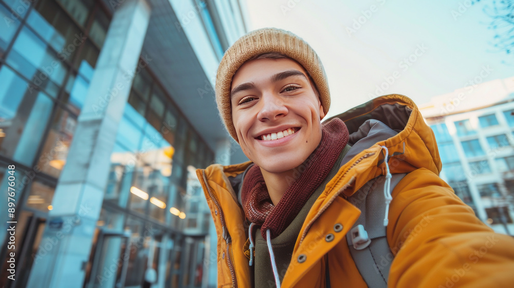 joyful a cinematic selfie shot of a young gen z influencer in a cool outfit, selfie, outdoor, at street, modern architecture,generative ai joyful a cinematic selfie shot of a young gen z influencer in a cool outfit, selfie, outdoor, at street, modern architecture,generative ai