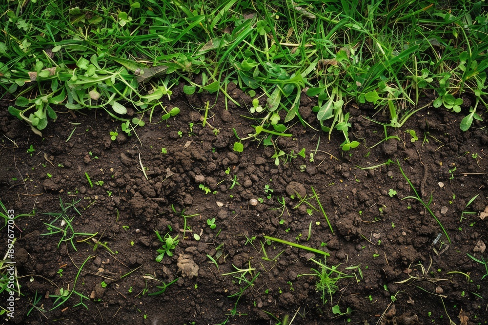 Soil Mulch. Top View of Green Lawn Soil Background with Closeup of Grass Soil Mulch. Top View of Green Lawn Soil Background with Closeup of Grass