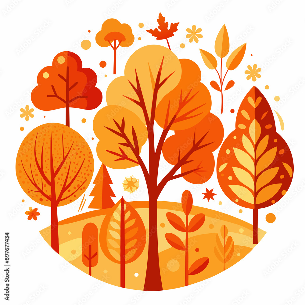 A collection of stylized trees and plants in warm autumn colors is depicted A collection of stylized trees and plants in warm autumn colors is depicted