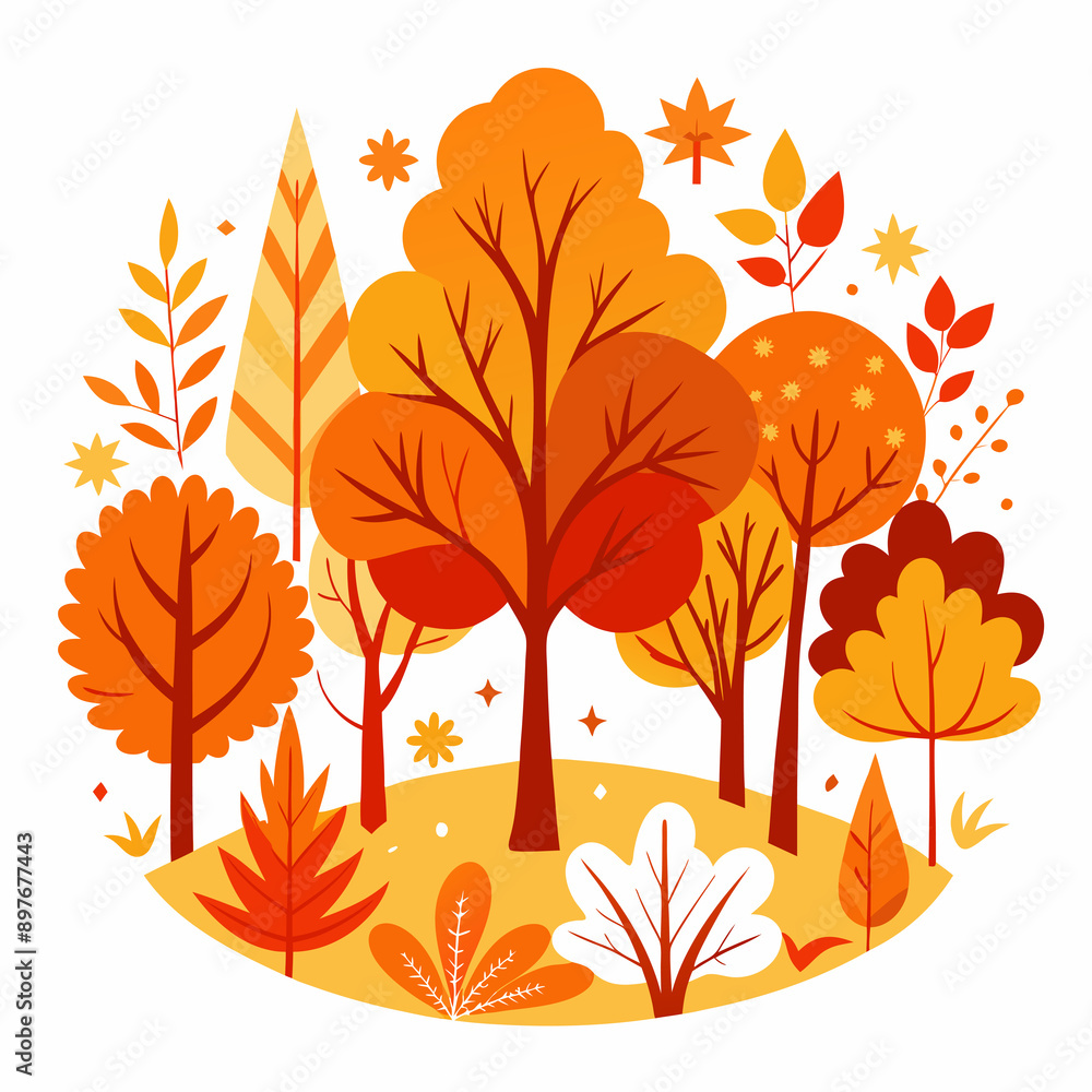 A collection of stylized trees and plants in warm autumn colors is depicted A collection of stylized trees and plants in warm autumn colors is depicted