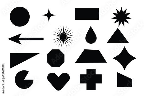 Abstract and vector basic shapes collection. Geometric formal shape. Polygonal elements. Trendy minimalist basic figure, diamond, circles, hexagon, star, triangle flat style. Vector illustration.