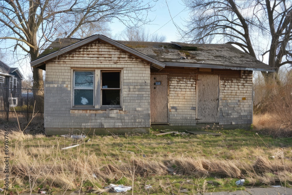 Vacant Abandoned Home: Boarded Up Windows, Grass Overgrown, Rotten Garage Vacant Abandoned Home: Boarded Up Windows, Grass Overgrown, Rotten Garage