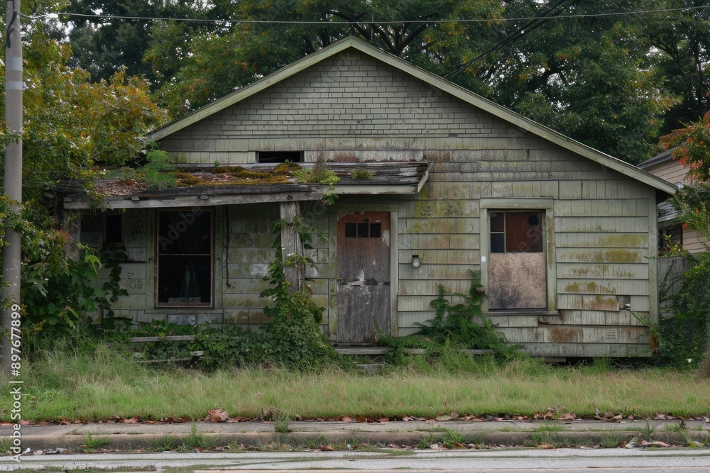 Vacant Abandoned One Level House with Boarded Up Windows on Grass-covered Street Vacant Abandoned One Level House with Boarded Up Windows on Grass-covered Street