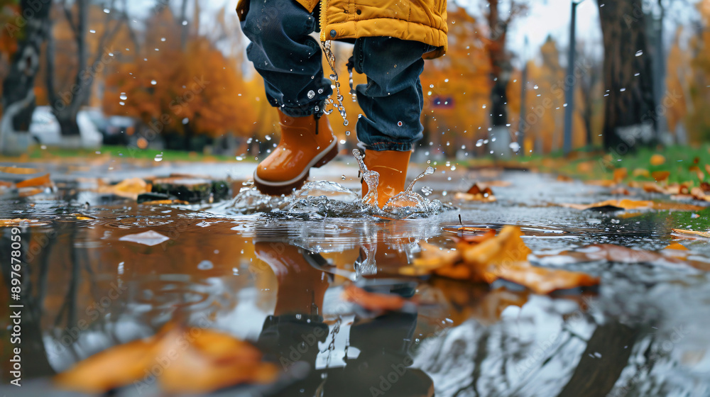 Child has fun on a rainy fall day, splashing in puddles with yellow rain boots Child has fun on a rainy fall day, splashing in puddles with yellow rain boots