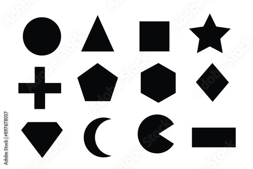 Basic geometric shapes kids, black cute flat icons set, cartoon characters isolated on transparent background. Education and children game. Geometric primitives vector collection.