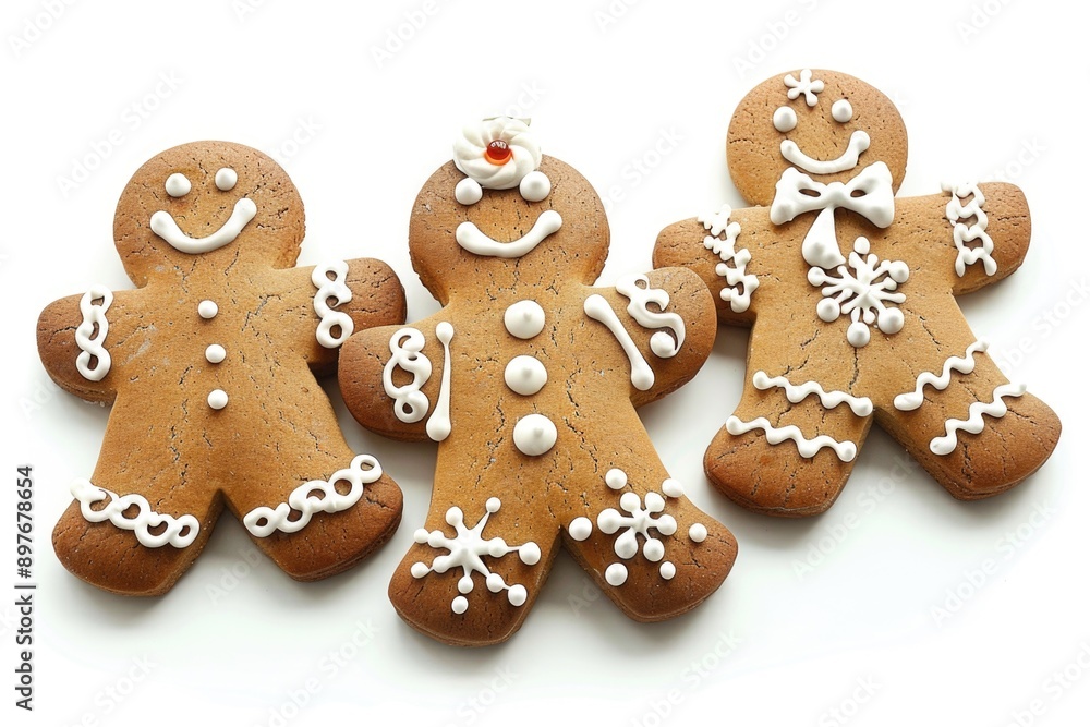 Three gingerbread cookies decorated as people, smiling for Christmas. Three gingerbread cookies decorated as people, smiling for Christmas.