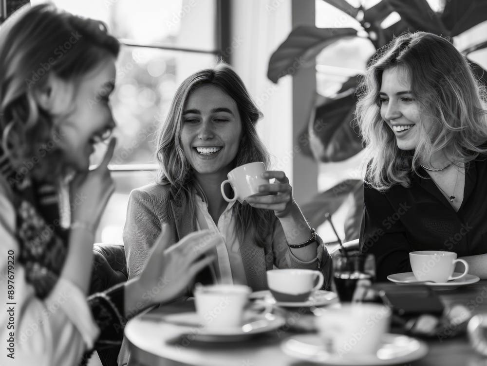 Two women talking over coffee with laughter and enjoyment Two women talking over coffee with laughter and enjoyment