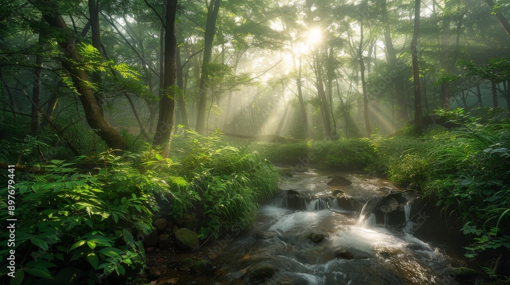 a misty forest in the early morning a misty forest in the early morning