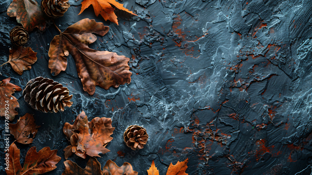 Autumn composition forming a frame with copy space on a dark textured background Autumn composition forming a frame with copy space on a dark textured background