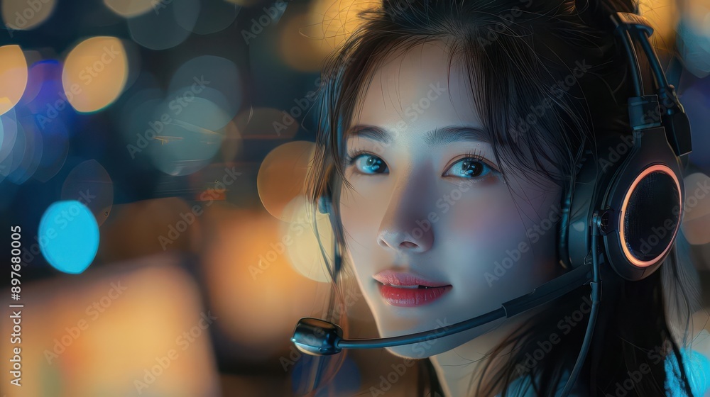 A young woman with headphones looks intently at the camera in a dimly lit room. The background is blurred with colorful lights. A young woman with headphones looks intently at the camera in a dimly lit room. The background is blurred with colorful lights.