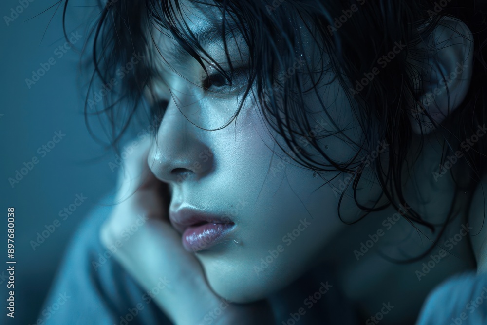 A young woman with wet hair rests her chin on her hand, her eyes closed in a moment of quiet reflection. The soft blue light casts a dreamy, ethereal glow on her face. A young woman with wet hair rests her chin on her hand, her eyes closed in a moment of quiet reflection. The soft blue light casts a dreamy, ethereal glow on her face.