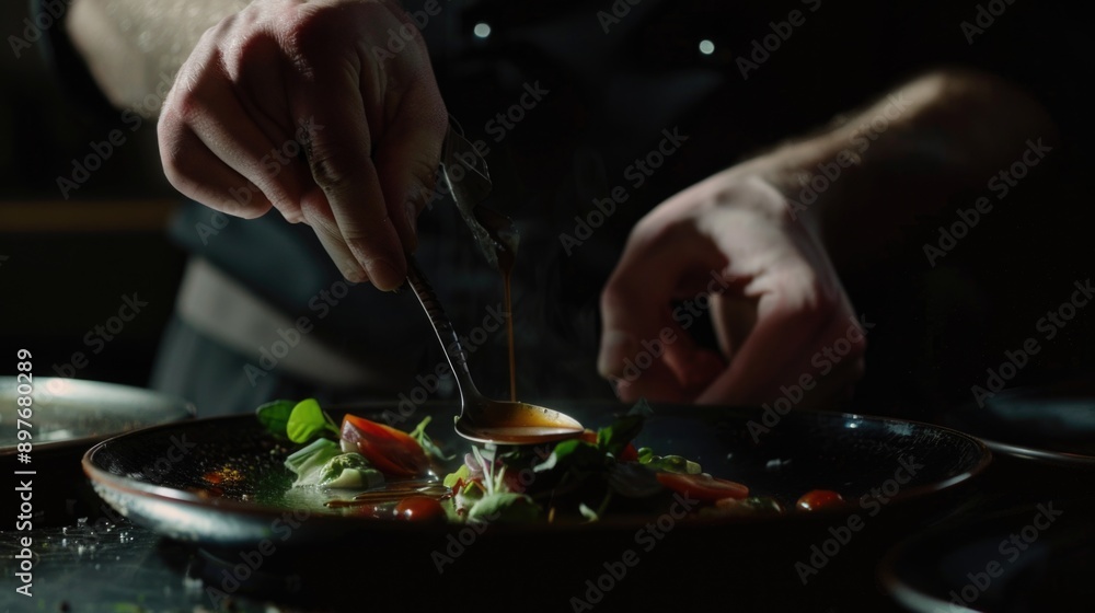 A professional chef in a kitchen, cooking an exotic dish on a baking sheet. Mediterranean flavors with sliced eggplant, tomatoes, herbs, and spices. A professional chef in a kitchen, cooking an exotic dish on a baking sheet. Mediterranean flavors with sliced eggplant, tomatoes, herbs, and spices.
