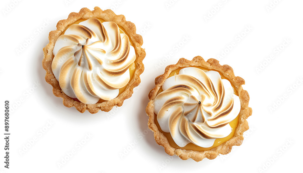 Tartlets with lemon curd and meringue isolated on white, top view. Delicious dessert Tartlets with lemon curd and meringue isolated on white, top view. Delicious dessert
