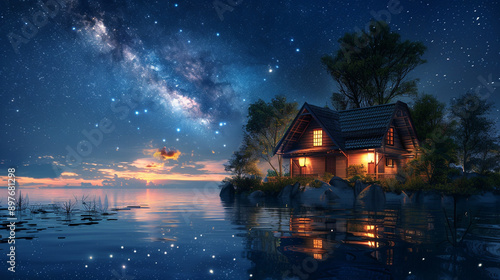 Cottage on floating island with starry night sky. © Ai Maestro