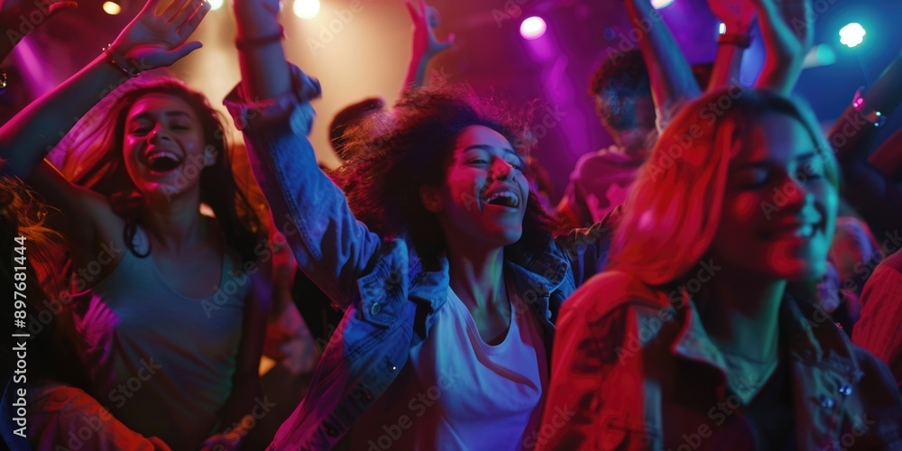 Crowd dancing in colorful lights, energy and joy Crowd dancing in colorful lights, energy and joy