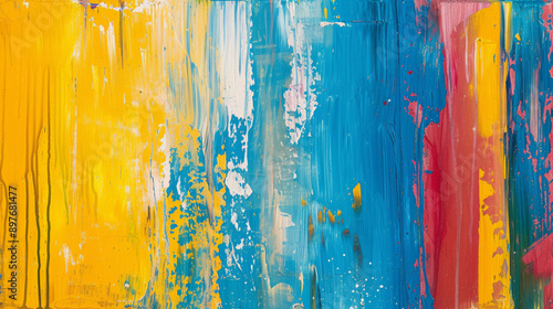 Abstract colorful painting with yellow, blue, red photo