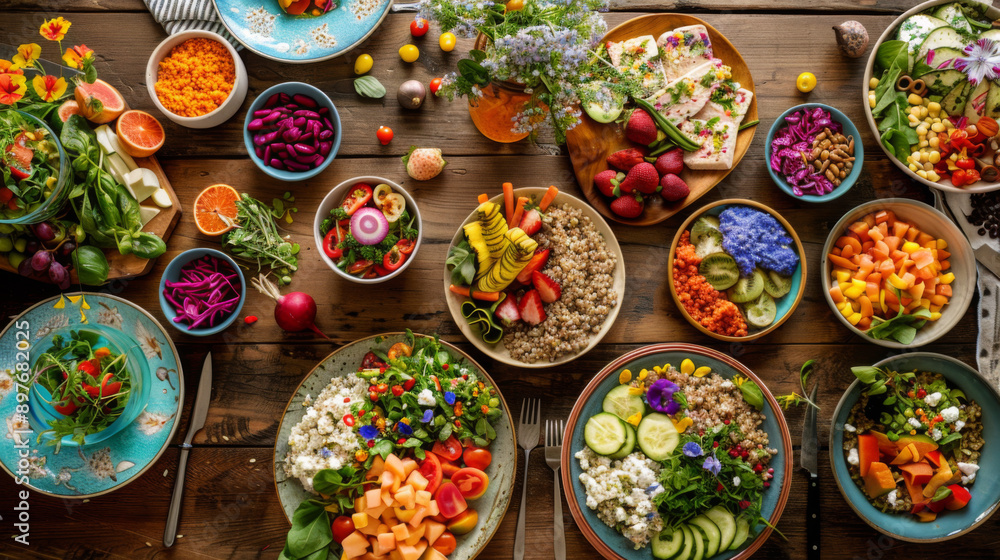 Colorful Vegetarian Feast on Rustic Table Colorful Vegetarian Feast on Rustic Table