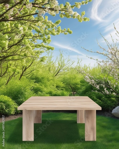 Spring beautiful background with green lush young foliage and flowering branches with an empty wooden table on nature outdoors in sunlight in garden © Octavio
