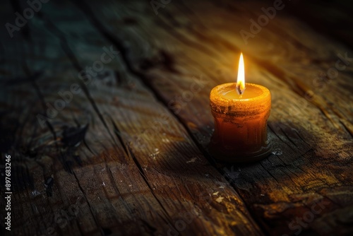 Dying Light. Vintage Wooden Background with Burning Old Candle in Warm Brown Tones