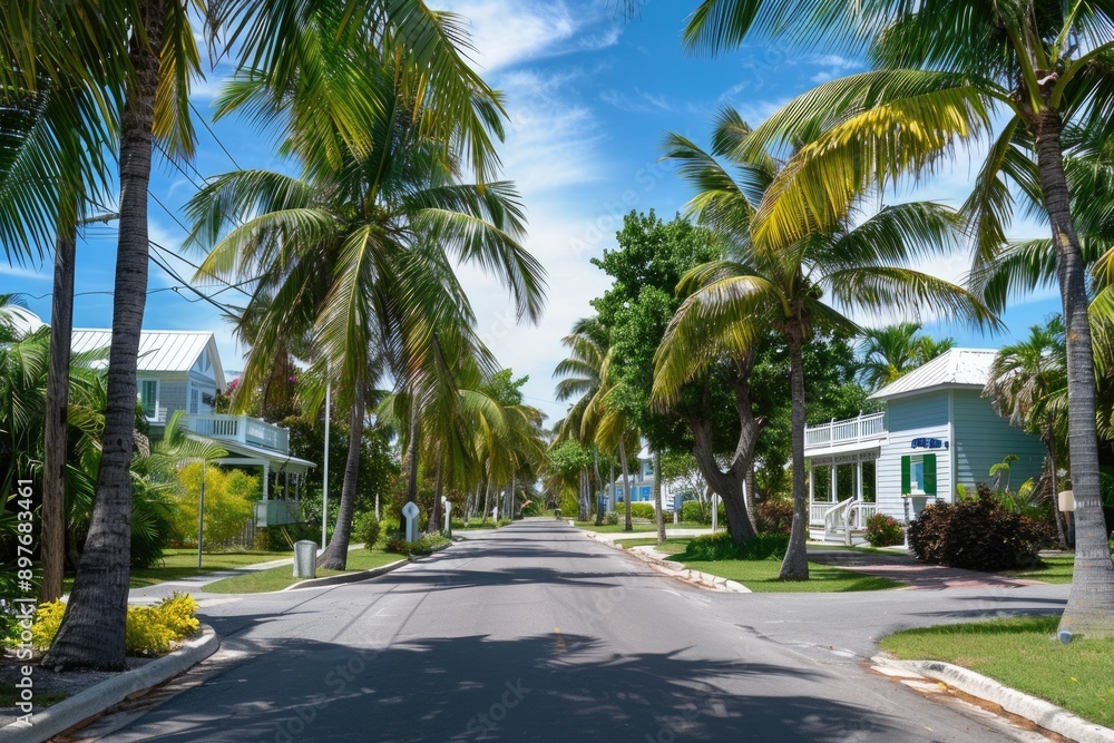 Florida Neighborhood: Key West Street View with Palm Trees and Beach Sky Florida Neighborhood: Key West Street View with Palm Trees and Beach Sky
