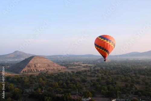 Hot Air Balloon Over Teotihuacan Pyramid At Sunrise, Mexico City Landscape