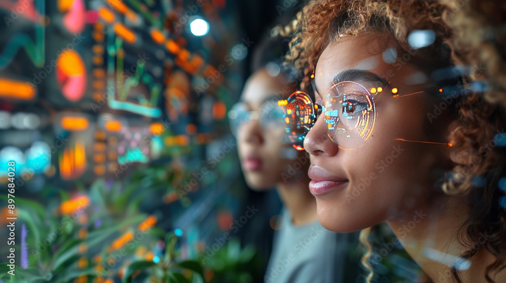 collage of three young cyberpunk women and a robot, laughing, plants, coffee, statistics in the foreground.generative ai collage of three young cyberpunk women and a robot, laughing, plants, coffee, statistics in the foreground.generative ai