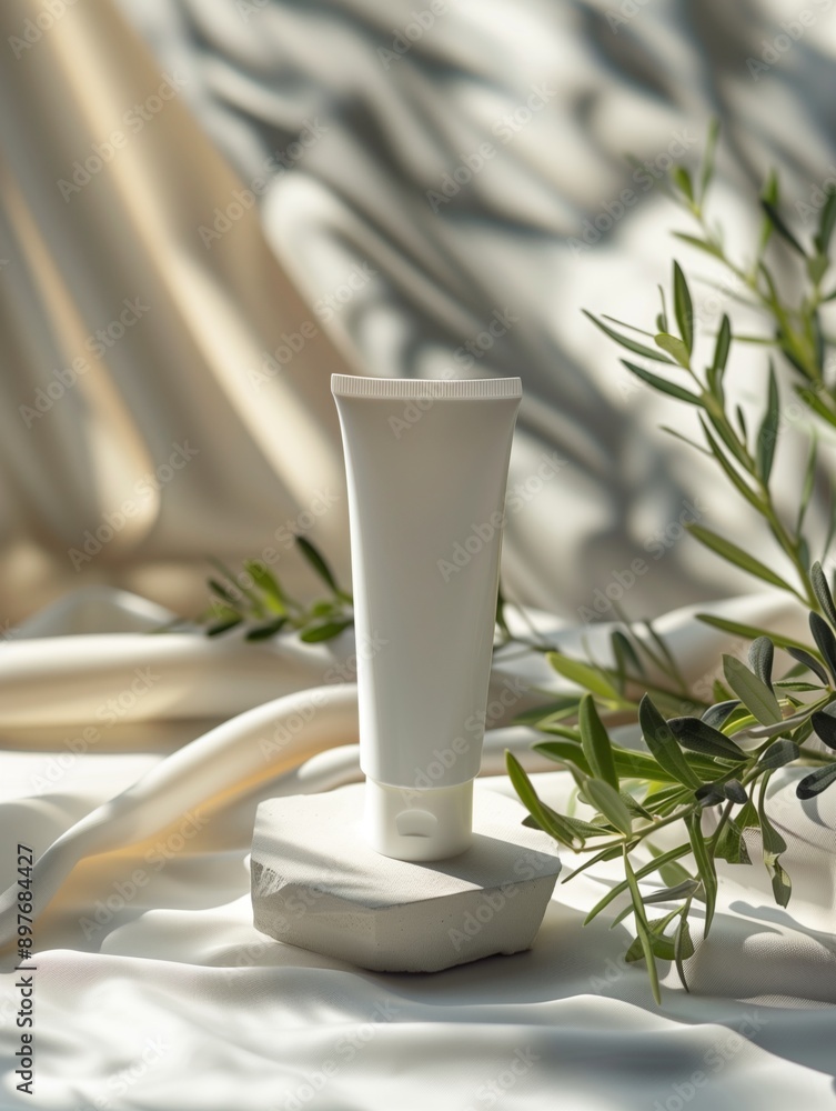 Minimalist skincare product with natural elements in an elegant, soft-lit setting. Minimalist skincare product with natural elements in an elegant, soft-lit setting.