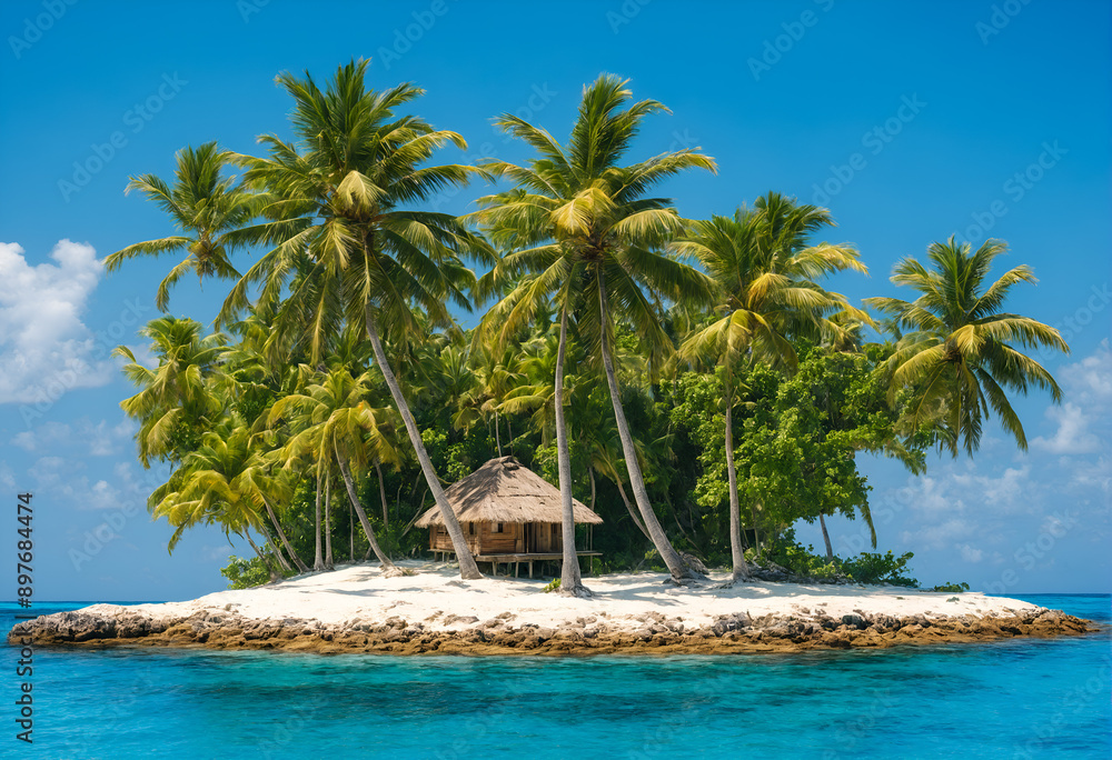 Obraz premium Island with hut and palms on ocean. Tropical destination.