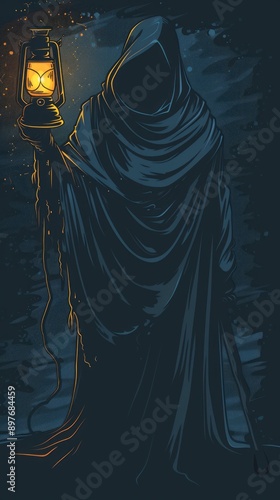 A mysterious figure cloaked in darkness, holding a lantern. ,Dark Color light ,vectorline design , illustration , Mobile Wallpaper