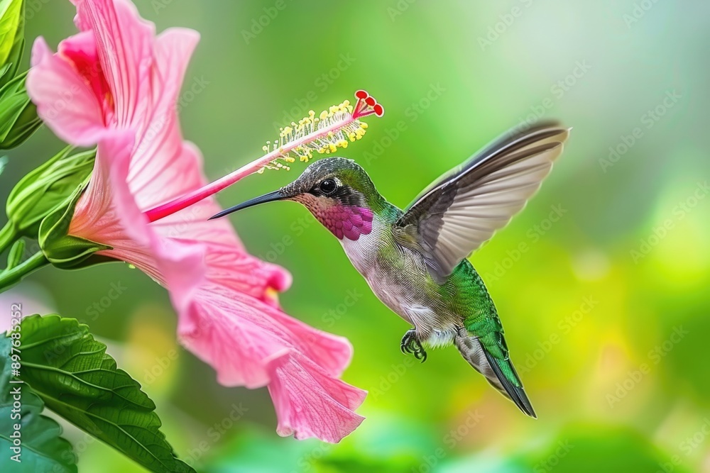 Naklejka premium Macro Hummingbird Feeding on Hibiscus Flower in Wild Nature Landscape