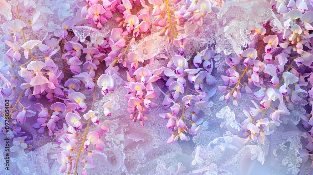 Aerial view of lilac wisteria flowers with white lace perfect for special occasions captured in natural light and enhanced with rainbow color filter Aerial view of lilac wisteria flowers with white lace perfect for special occasions captured in natural light and enhanced with rainbow color filter