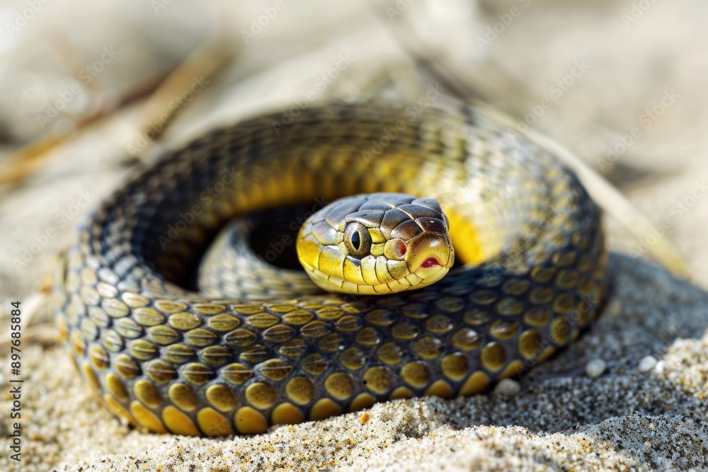 Snake Coiled on Sandy Beach near Sea. Yellow Tongue of Zoology Wild Animal in Nature Snake Coiled on Sandy Beach near Sea. Yellow Tongue of Zoology Wild Animal in Nature