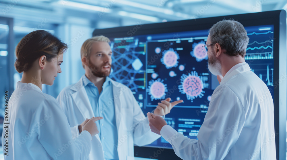 Fototapeta premium a team of medical researchers discussing their findings in a high-tech research facility. The large digital screen displays detailed images of cells, DNA sequences, and medical dat