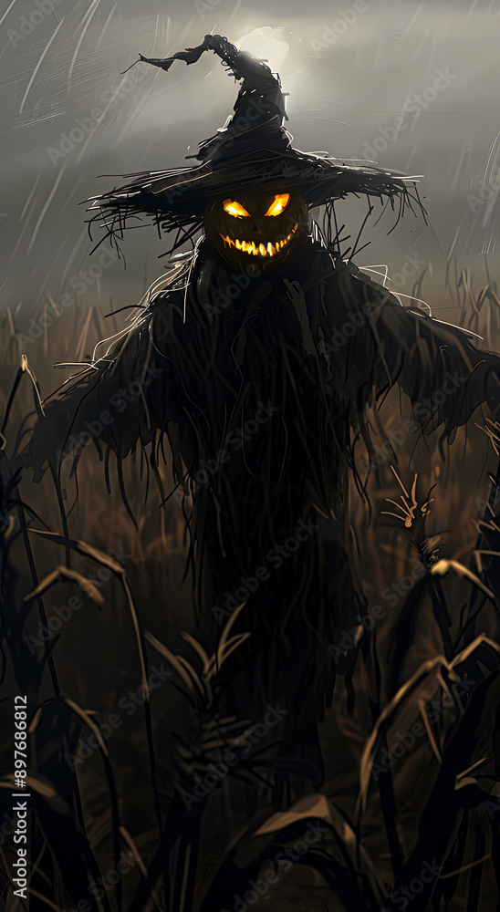 A scary scarecrow with glowing eyes, in a cornfield on Halloween night. A scary scarecrow with glowing eyes, in a cornfield on Halloween night.