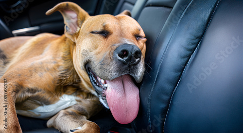 The dog is in a closed car, suffering from the heat. The owner of the pet, locked the dog in the car.
