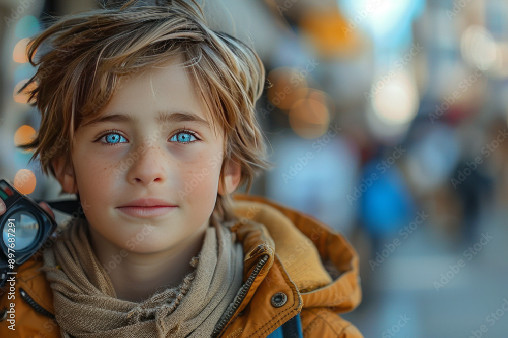 A handsome 10-year-old boy walks outdoors with a camera in his hand to record his life. Blue eyes, handsome hairstyle,generative ai