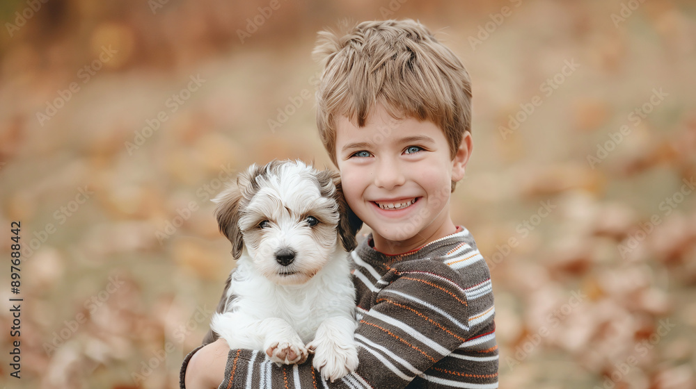 portrait of a happy little boy with his puppy, in a autumn landscape portrait of a happy little boy with his puppy, in a autumn landscape