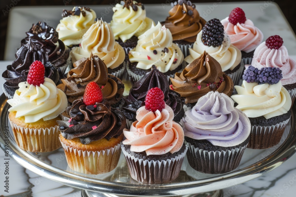Cupcake Display. Various Sweet Cupcakes with Frosting on Indoor Display Tray Cupcake Display. Various Sweet Cupcakes with Frosting on Indoor Display Tray