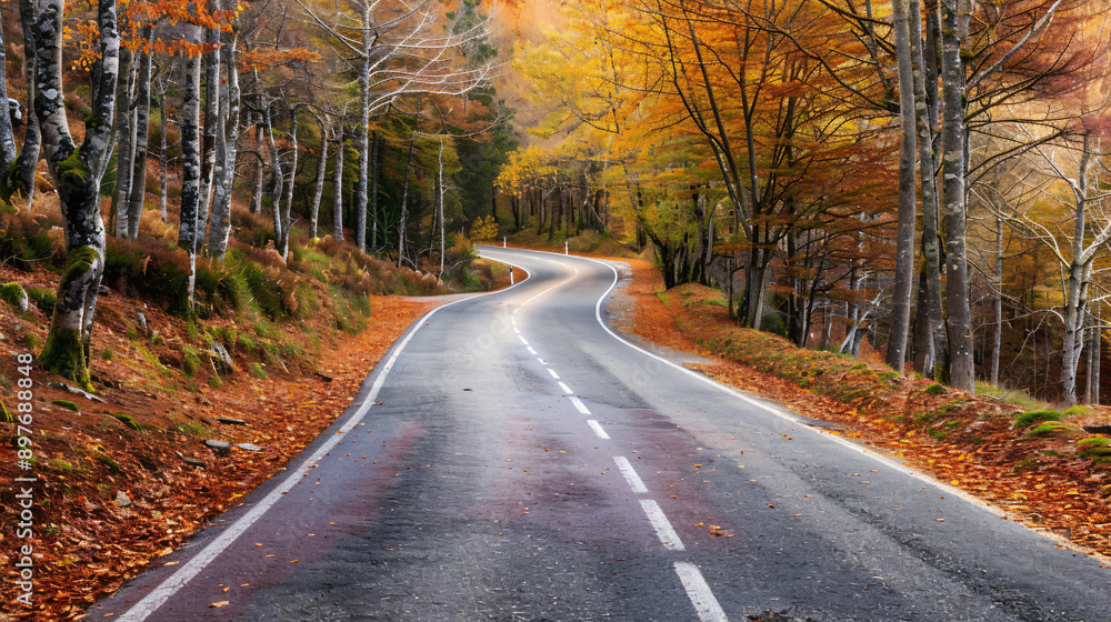 Paved road is winding through a forest displaying vibrant fall foliage Paved road is winding through a forest displaying vibrant fall foliage