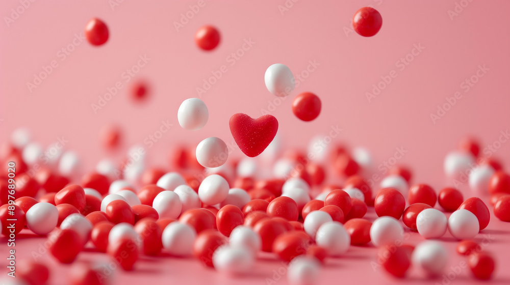 Heart-shaped candy and scattered sweets on pink background Heart-shaped candy and scattered sweets on pink background