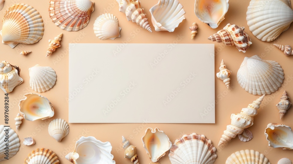 Seashells and blank card mock up on beige background top view with space for text Summer sea wedding arrangement Seashells and blank card mock up on beige background top view with space for text Summer sea wedding arrangement