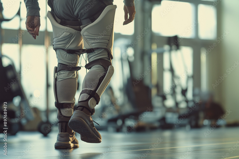 Obraz premium A man walking with advanced leg braces in a modern rehab facility, Close-up of a person using leg braces in a rehabilitation center, showcasing modern technology and physical recovery